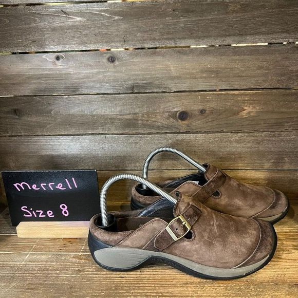Womens Merrell Encore Buckle Brown Leather Slip On Mules Clogs Shoes Size 8 M‎ - Picture 1 of 6